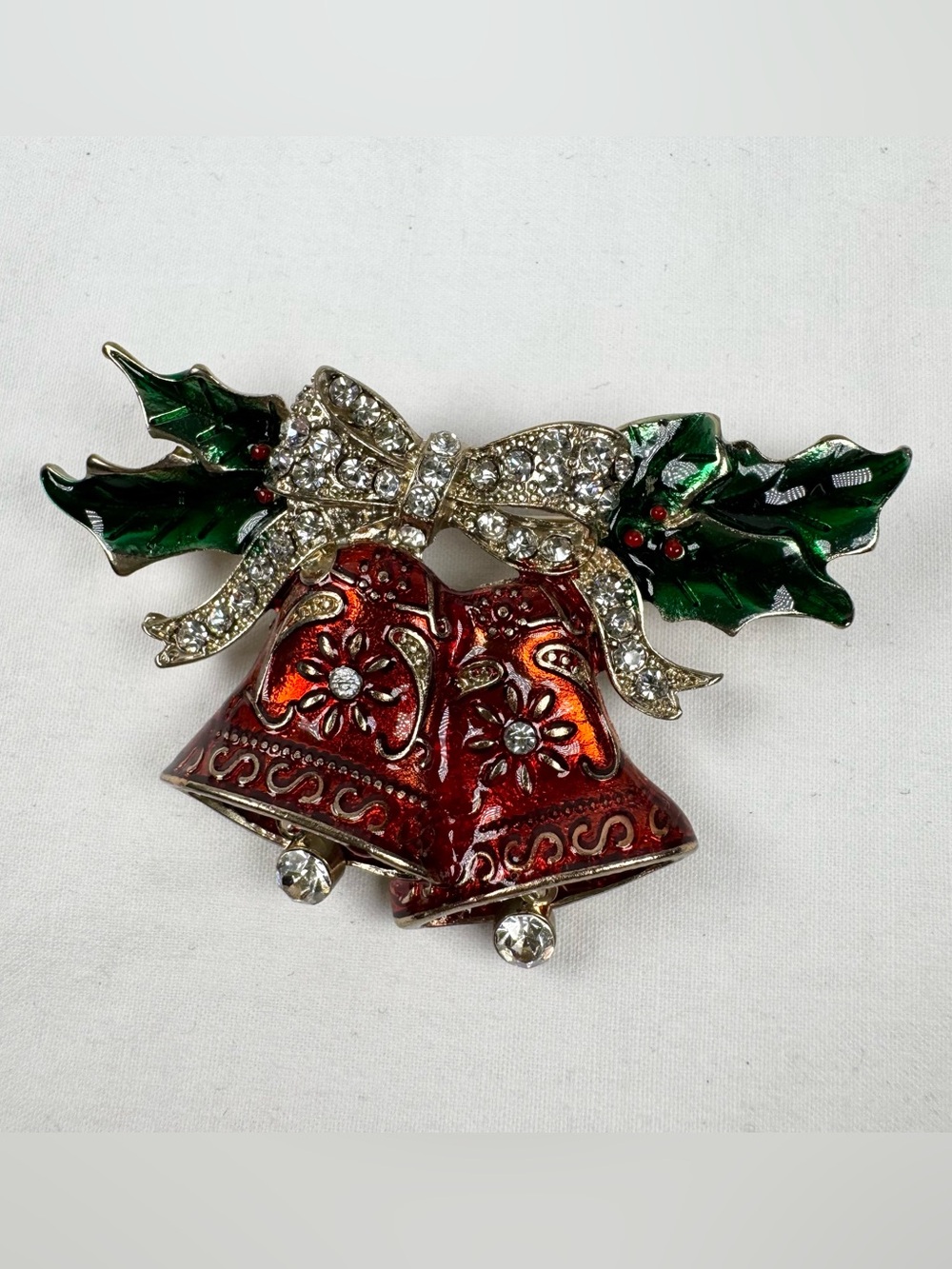 Vintage Christmas Bell Brooch Red Rhinestone Holly Holiday Pin Jewelry